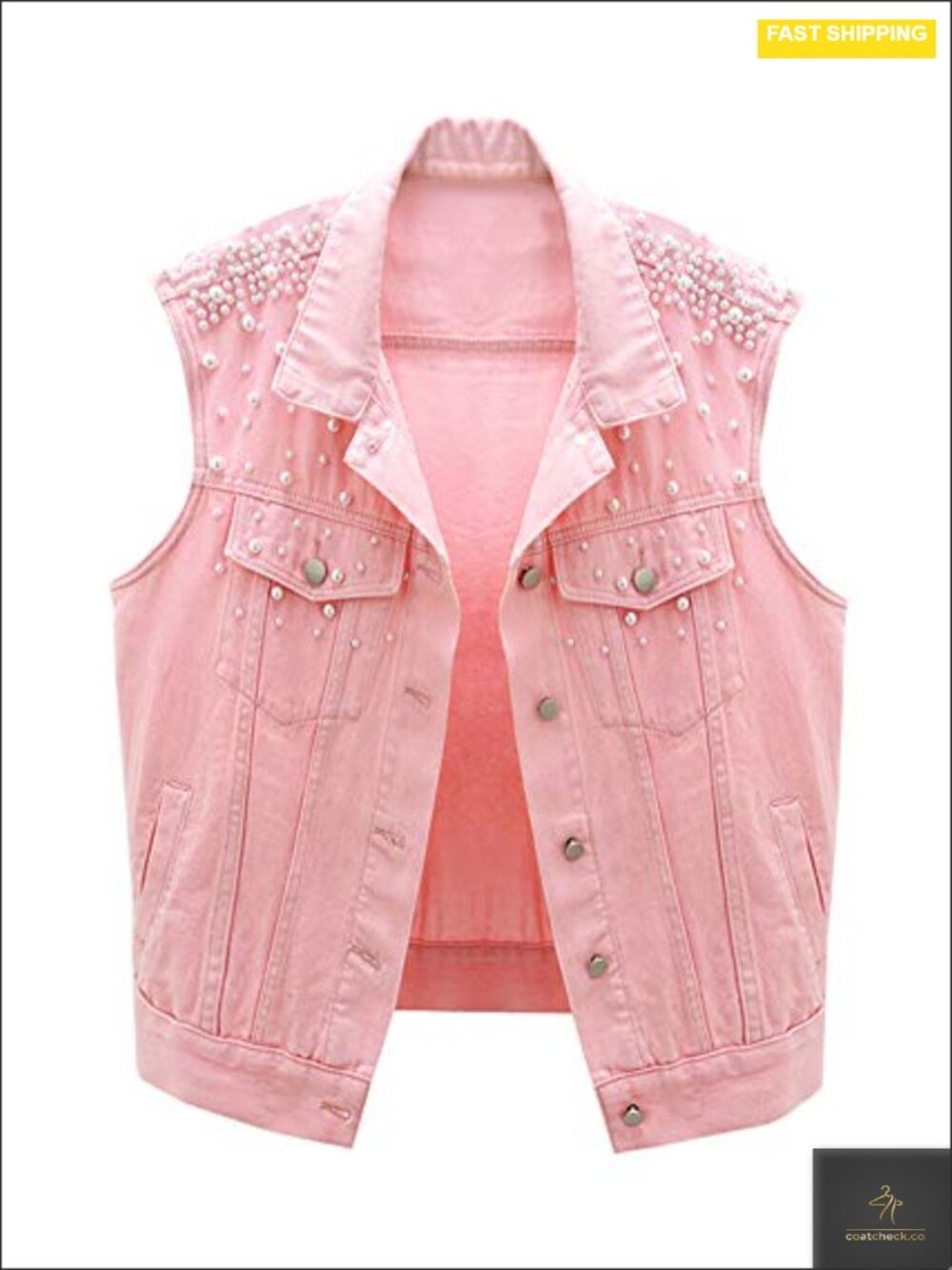 Womens Sleeveless Beaded Pearls Denim Vest Jean Jacket Casual